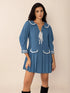Blue pleated mini dress with Peter Pan collar and white trim