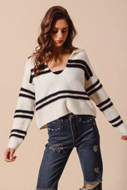 SO ME Fuzzy Hairy Stripe Deep U Neck Swetaer | Sweaters Daverri Fashions