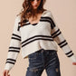 SO ME Fuzzy Hairy Stripe Deep U Neck Swetaer - DAVERRI FASHIONS