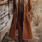 Women’s rust-colored suede fringe trim longline coat with frayed edges