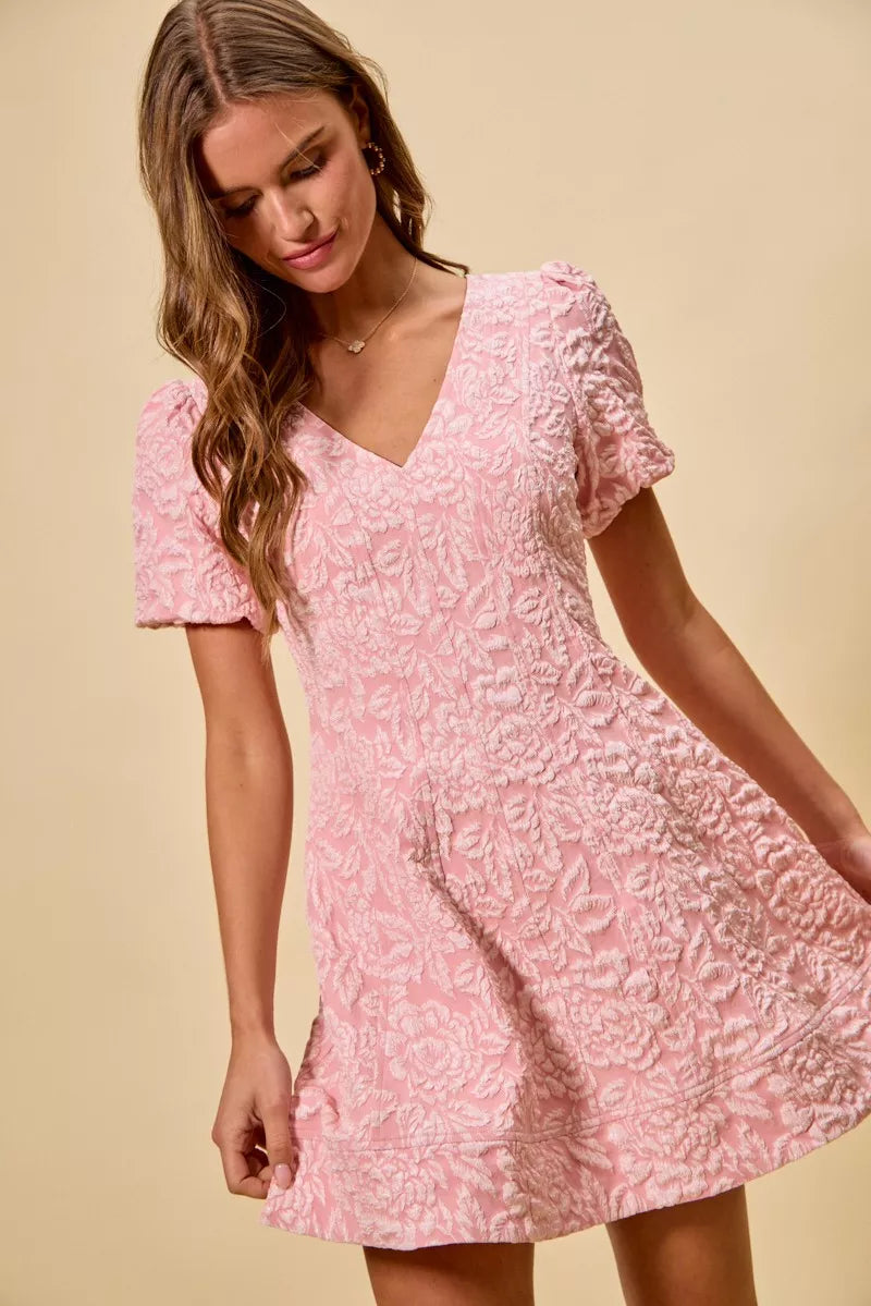SO ME floral jacquard fit and flare mini dress in soft pink lace