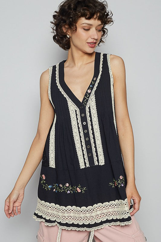 POL Embroidered Lace Detail V-Neck Sleeveless Top