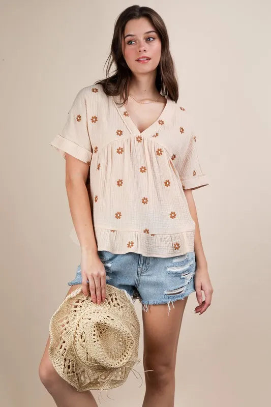 VERY J Flower Embroidered Woven Blouse | Blouses Daverri Fashions