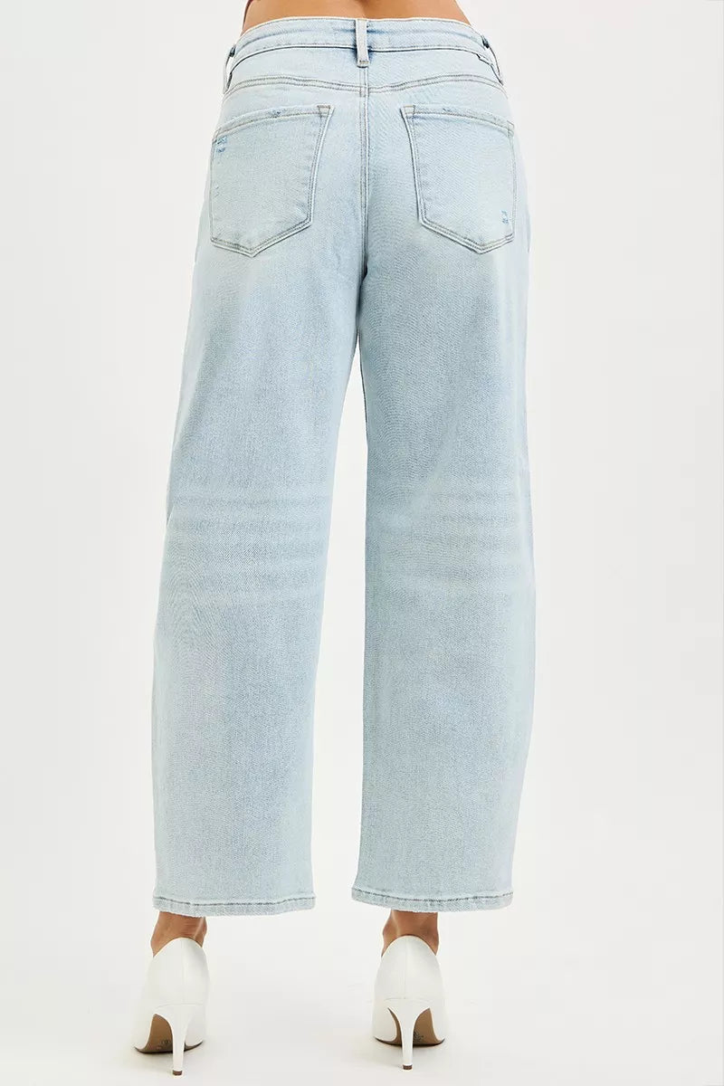 RISEN High Rise Crop Barrel Jeans in light-wash wide-leg denim