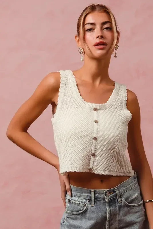 SO ME Chevron Pattern Buttoned Front Lightweight Tank Top - DAVERRI FASHIONS