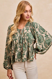BiBi Printed Woven Front Tied Blouse with Baloon Sleeve | Blouses Daverri Fashions
