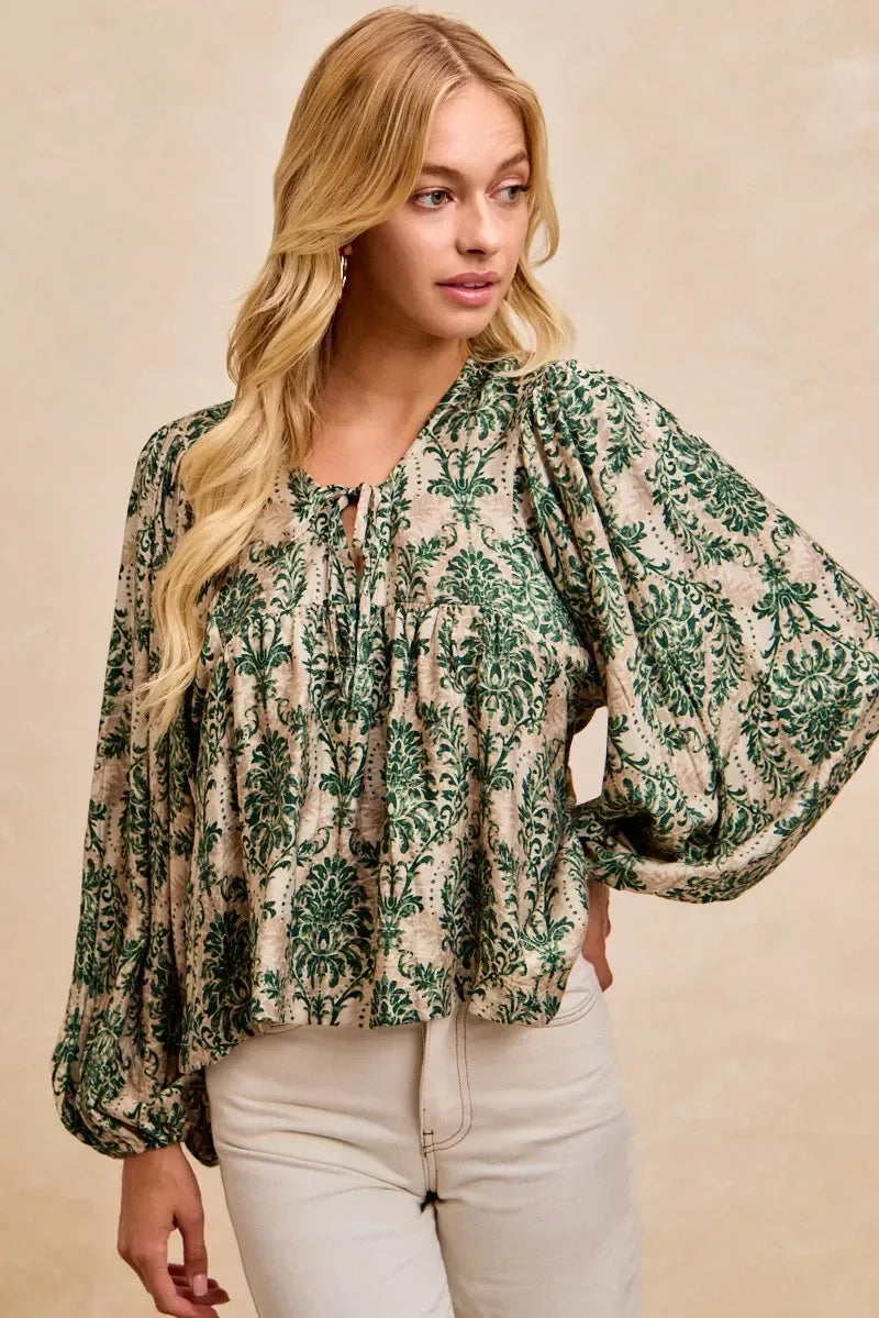 BiBi Printed Woven Front Tied Blouse with Baloon Sleeve - DAVERRI FASHIONS