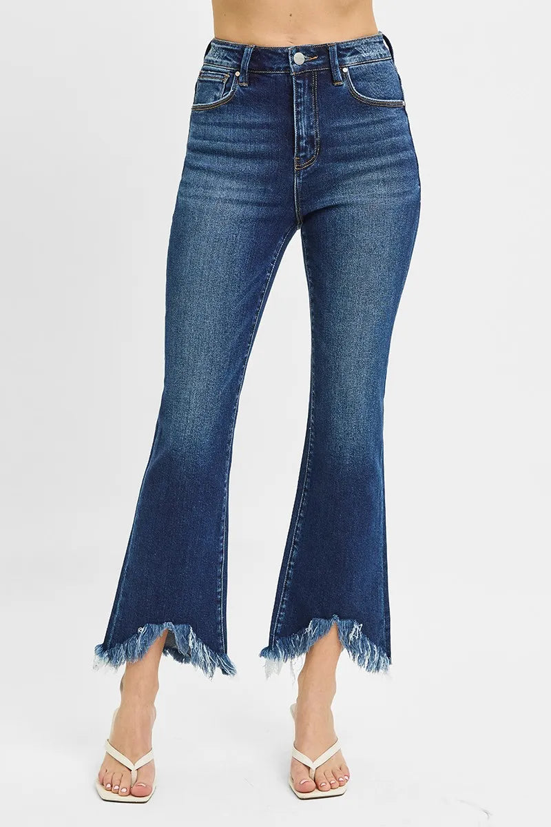 RISEN High Rise Crop Bootcut Fray Hem Jeans | Daverri Fashions