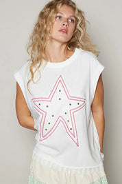 POL Star Patch Studded Sleeveless T-Shirt with Lace Hem | T-Shirts Daverri Fashions