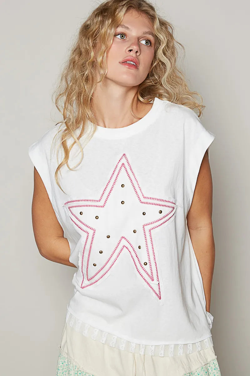 POL Star Patch Studded Sleeveless T-Shirt with Lace Hem T-Shirts