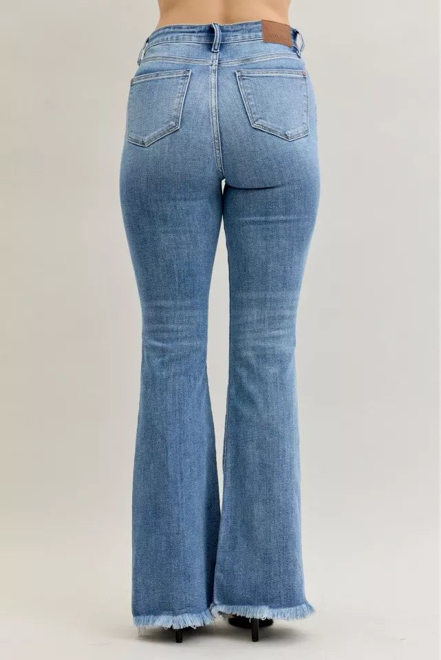 Judy Blue High Waist Flare Fray Hem Jeans with Front Pintuck Detail | Daverri Fashions