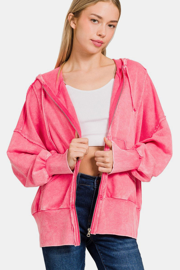 Acid Washed French Terry Zip-Up Hoodie with Pockets Fuchsia Tops