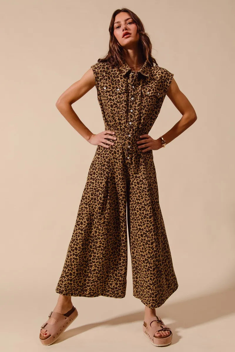 SO ME Wide Leg Leopard Twill Overalls Jumpsuit with Tuck LEOPARD