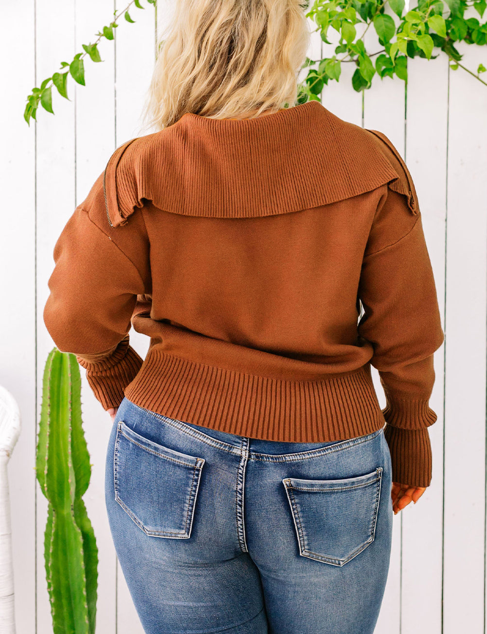 Plus size brown suede fringe jacket with high collar and long sleeves