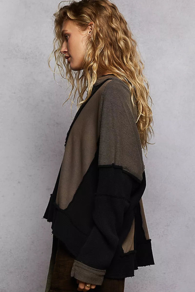 POL Color Block Waffle Knit Raw Hem Sweatshirt | Sweatshirts Daverri Fashions