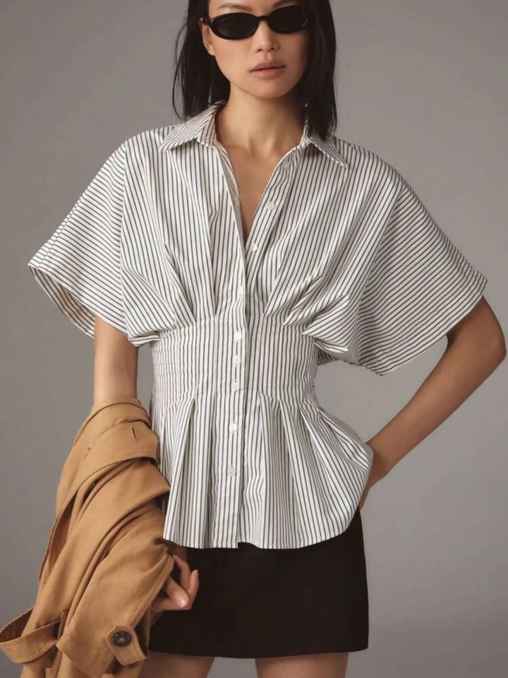 Light Gray Striped Short Sleeve Button-Up Shirt | Daverri Fashions
