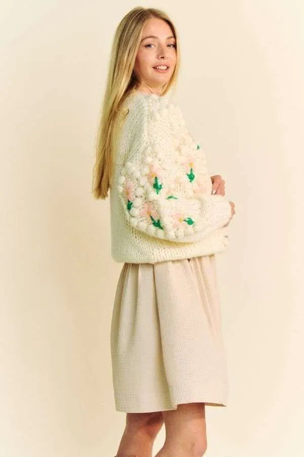 Cream Davi & Dani floral knit cardigan with pom-poms and embroidery
