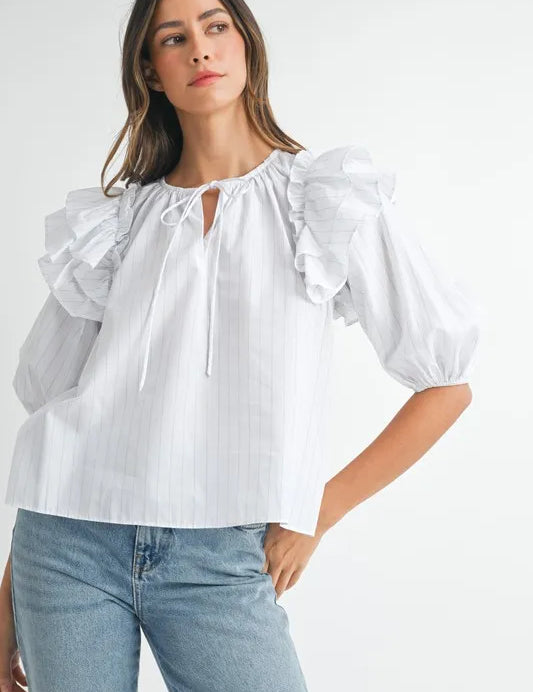 Off White MABLE Stripe Ruffle Shoulder Puff Sleeve Blouse | Daverri Fashions