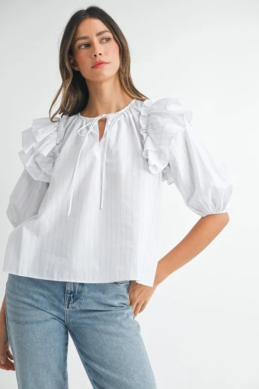 MABLE Stripe Ruffle Shoulder Puff Sleeve Blouse Off White