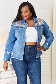 Baeful Leopard Floral Distressed Raw Hem Denim Jacket | Jackets Daverri Fashions