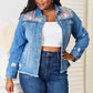 Baeful Leopard Floral Distressed Raw Hem Denim Jacket Jackets