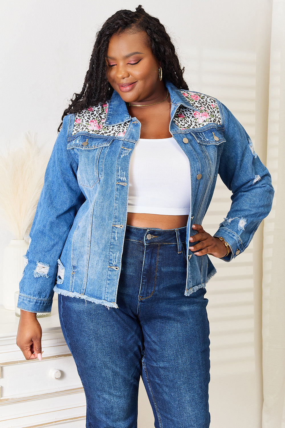 Baeful Leopard Floral Distressed Raw Hem Denim Jacket Jackets