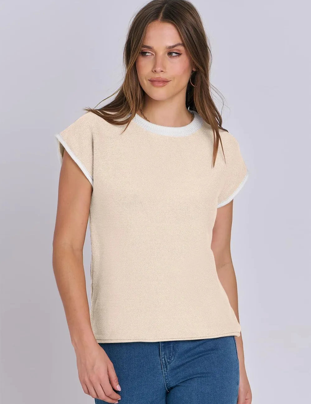 Tan Contrast Round Neck Cap Sleeve Sweater | Sweaters Daverri Fashions