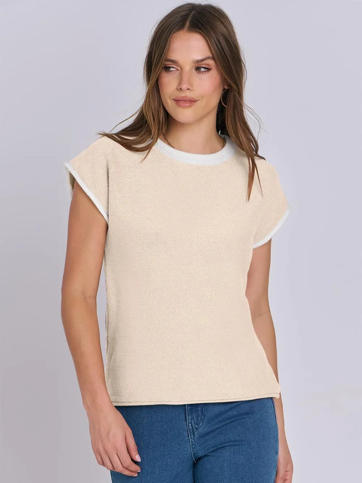 Tan Contrast Round Neck Cap Sleeve Sweater | Sweaters Daverri Fashions