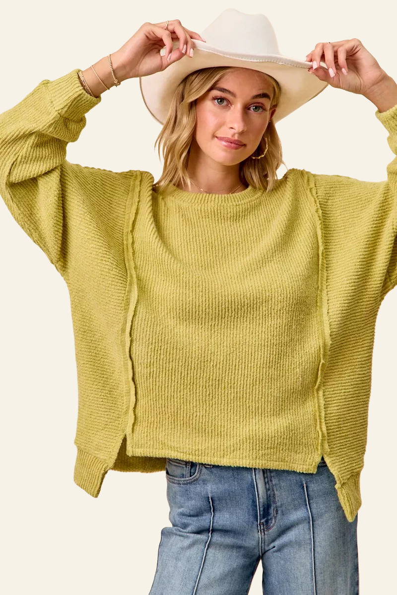BiBi Boucle Rib Knit Uneven Hem Sweater With Open Seam