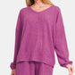 Zenana V-Neck Long Sleeve Ribbed Top and Shorts Set Red-Violet Short Sets