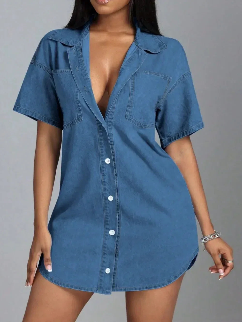 Button Down Collared Neck Denim Dress - DAVERRI FASHIONS