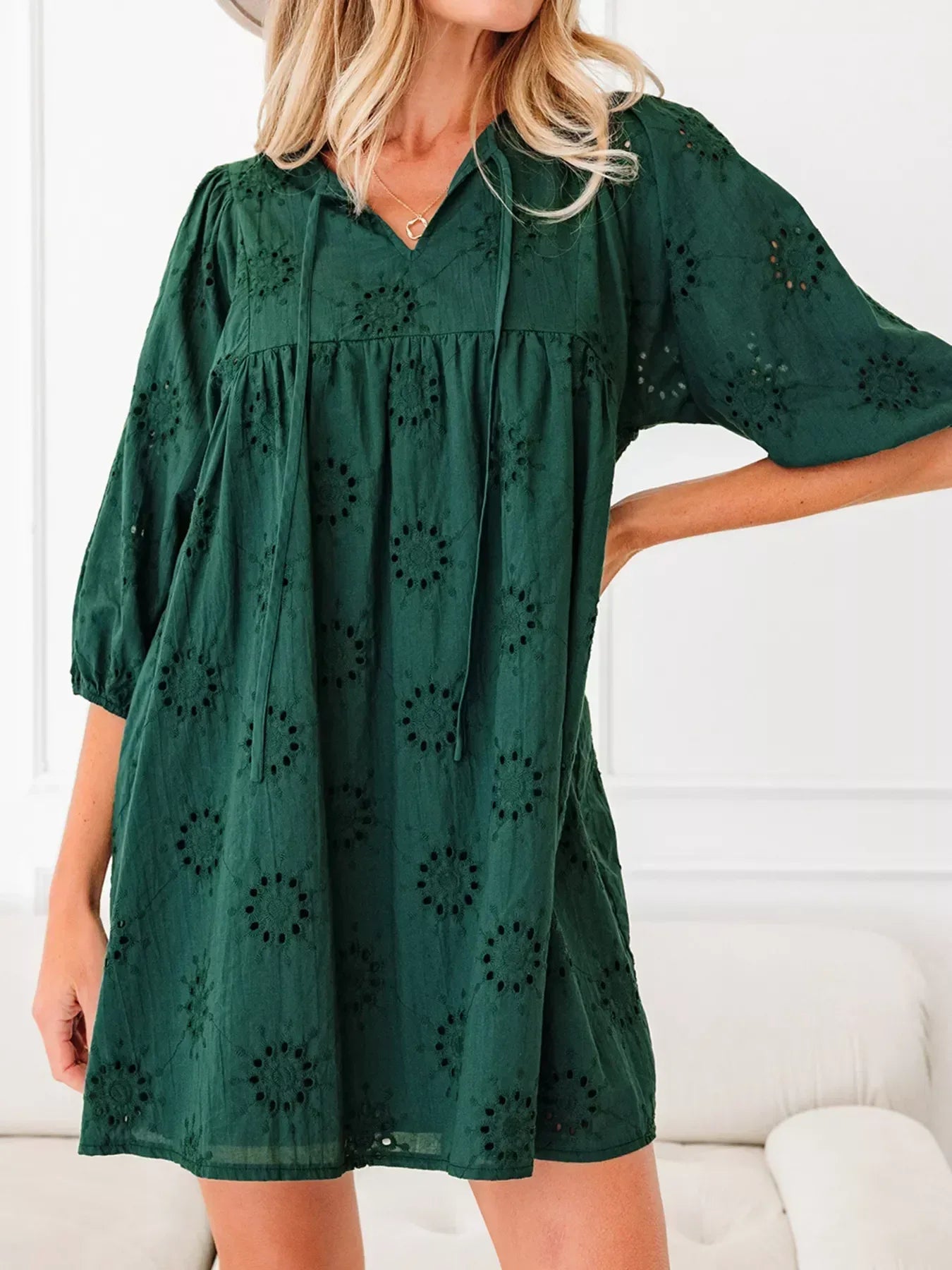 Embroidered Eyelet Pattern 3/4 Puffy Sleeve Swing Mini Dress - DAVERRI FASHIONS