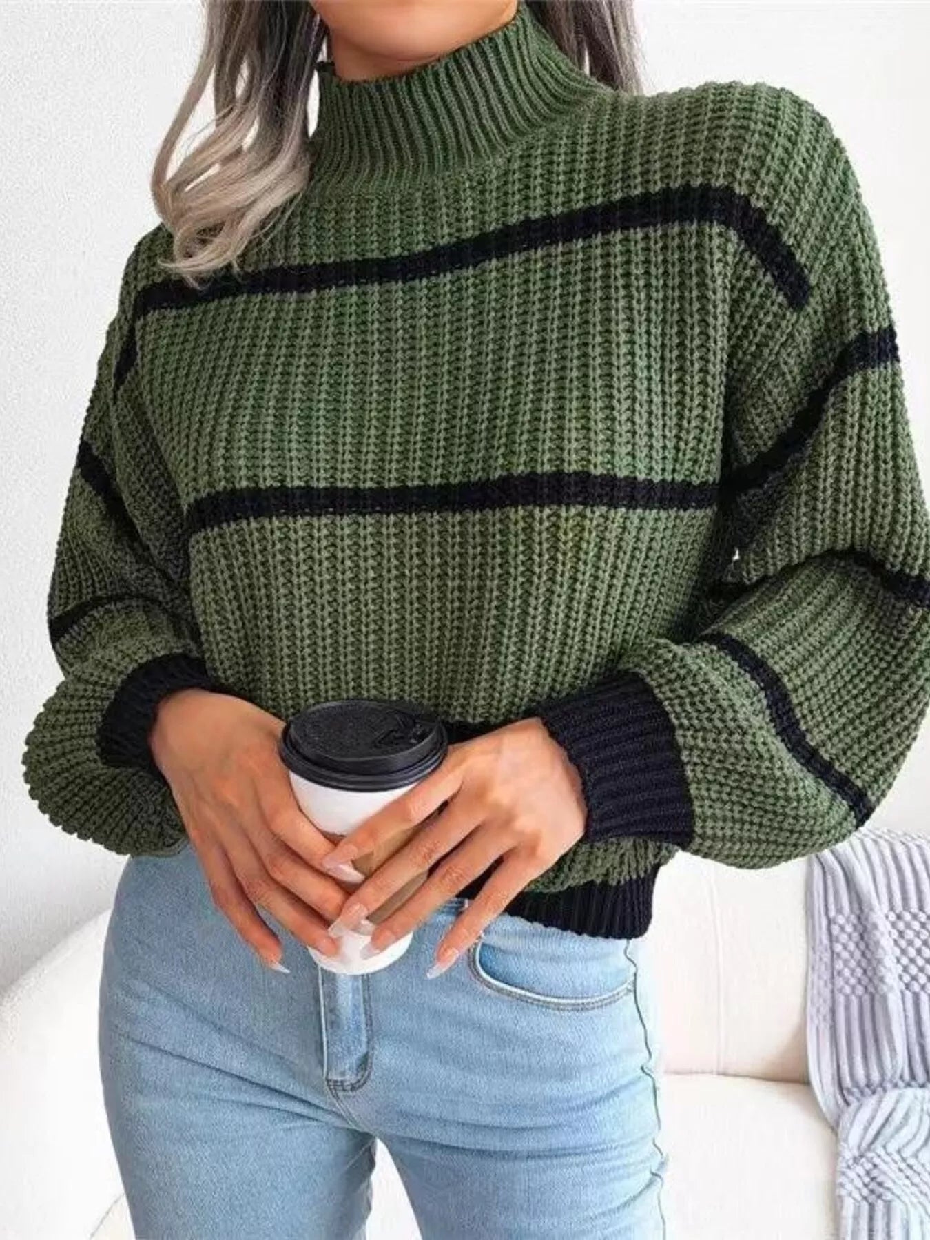 Olive green black striped ribbed turtleneck sweater with puffed sleeves