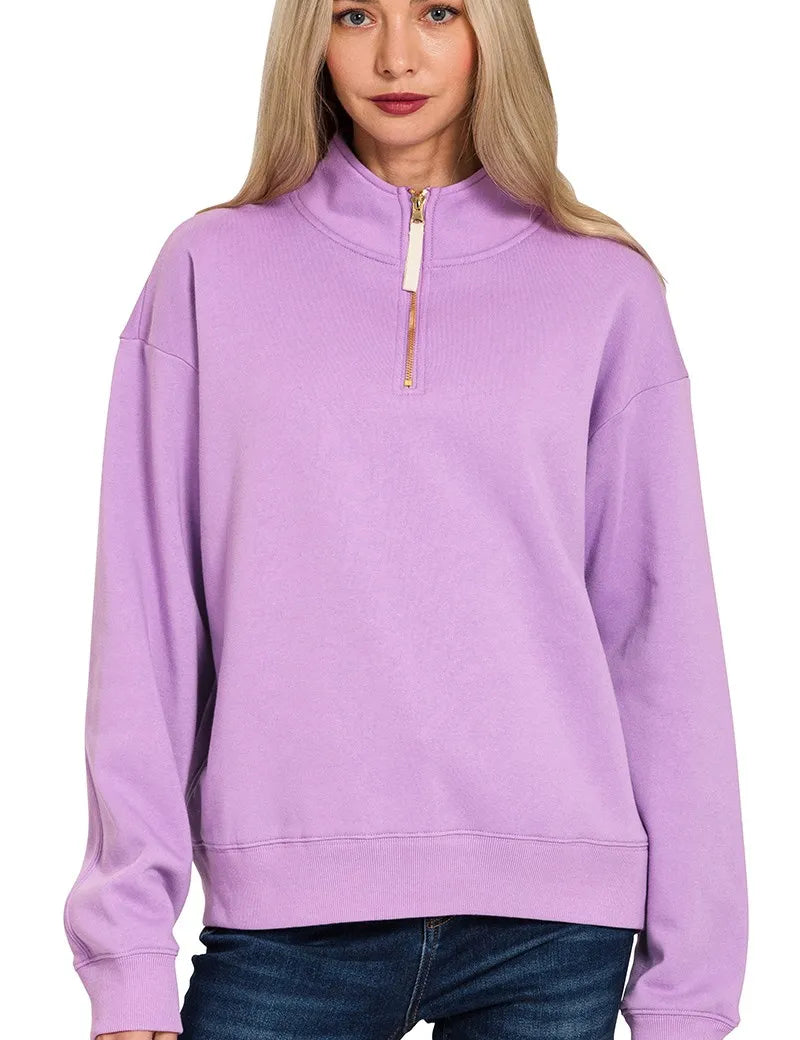 Zenana Fleece Half Zip Sweatshirt Lavender | Sweatshirts Daverri Fashions