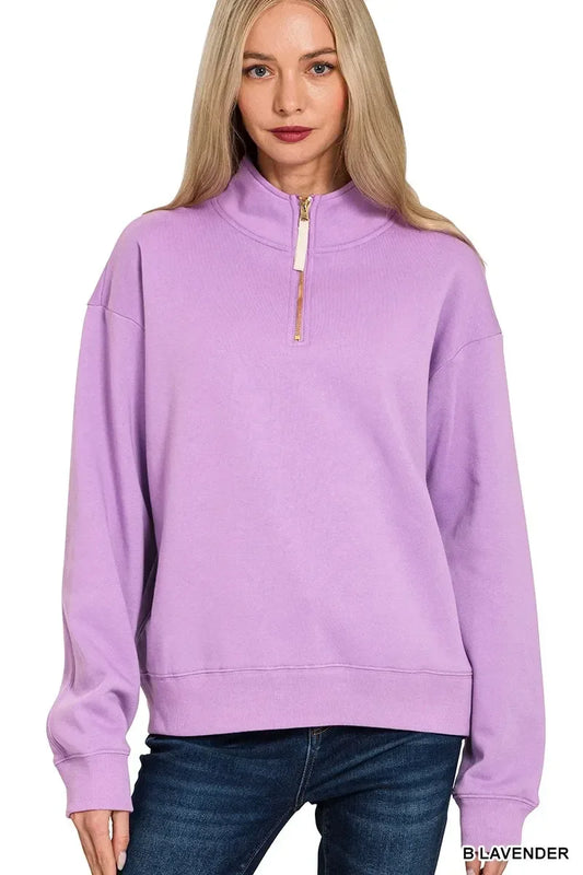 Zenana Fleece Half Zip Sweatshirt Lavender - DAVERRI FASHIONS