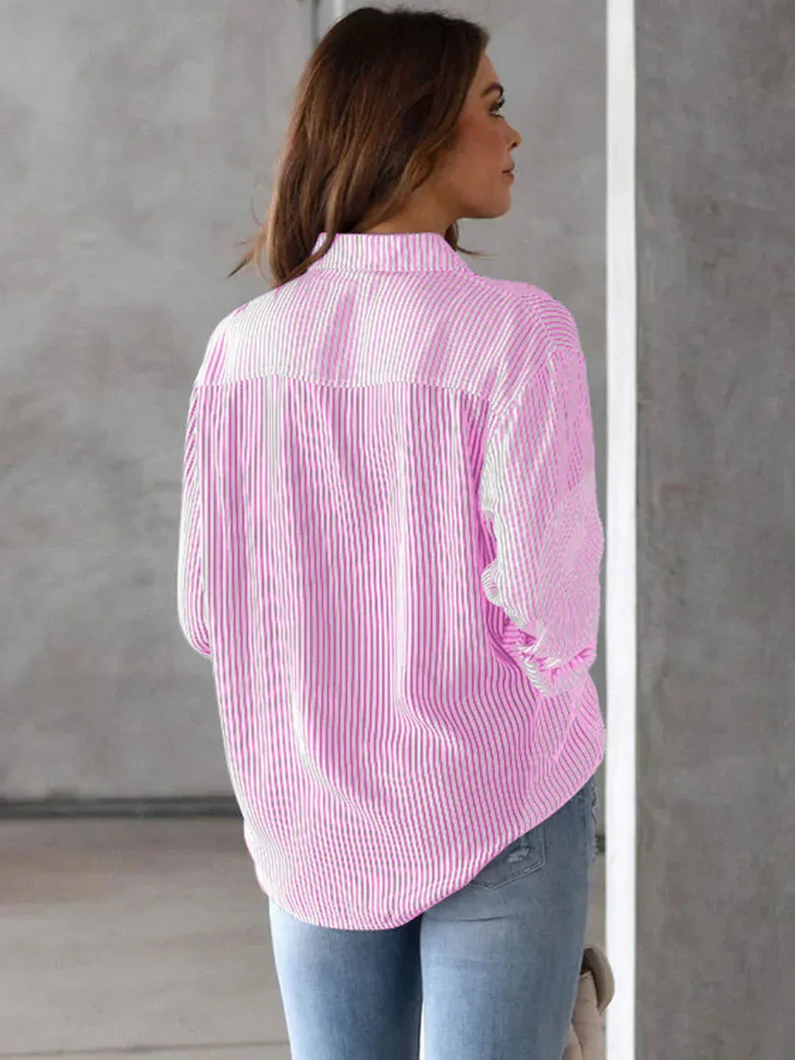 Lovelet Striped Collared Neck Shirt with Pocket - DAVERRI FASHIONS