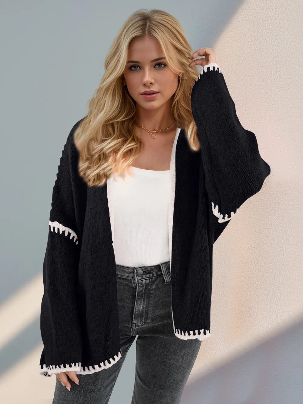 Double Take Contrast Open Front Dropped Shoulder Cardigan | Cardigans Daverri Fashions