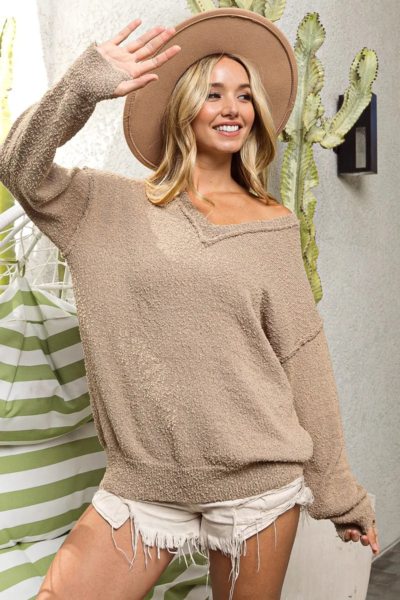 BiBi Raw Edged Popcorn Texture V-neck Sweater | Sweaters Daverri Fashions