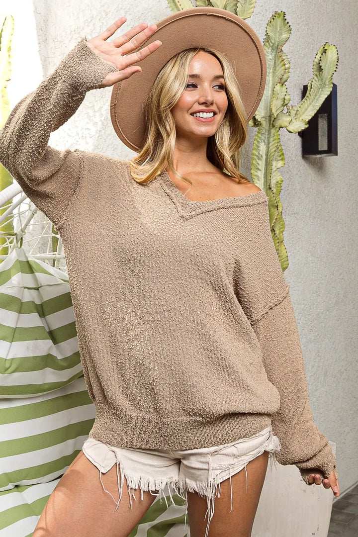 BiBi Raw Edged Popcorn Texture V-neck Sweater Sweaters