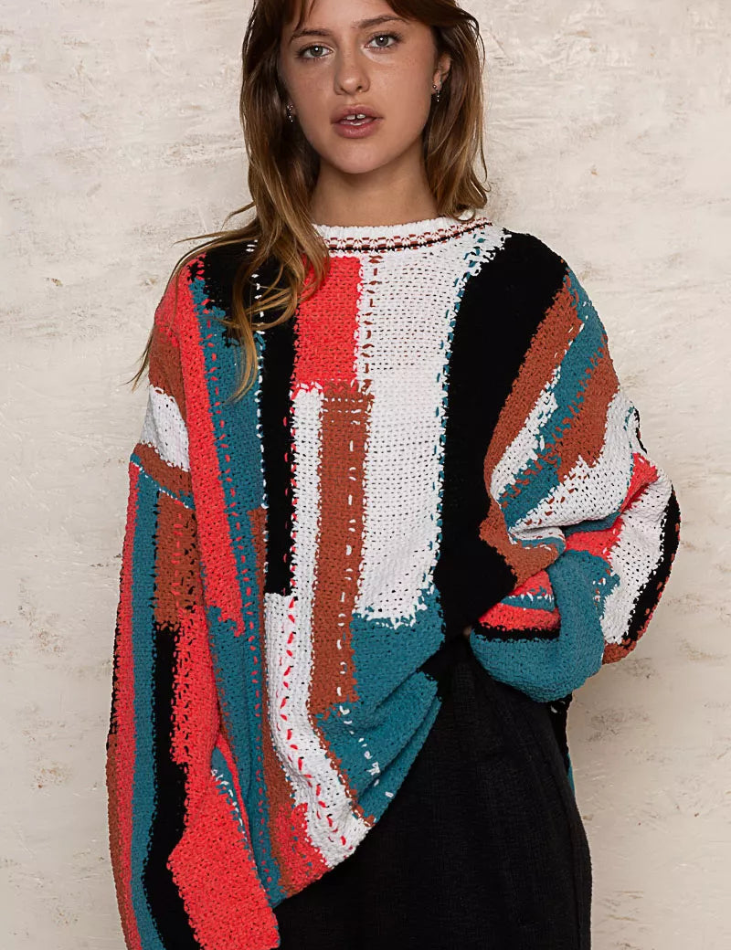 RED IVORY S POL Color Block Round Neck Oversized Sweater | Sweaters Daverri Fashions
