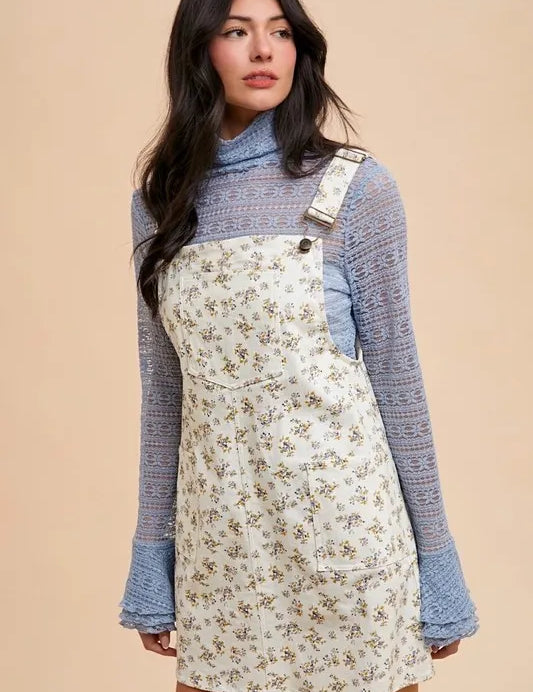 IVORY XL Annie Wear Stretch Ditsy Print Denim Overall Mini Dress | Daverri Fashions
