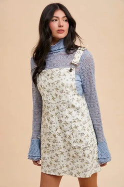 Annie Wear Stretch Ditsy Print Denim Overall Mini Dress - DAVERRI FASHIONS