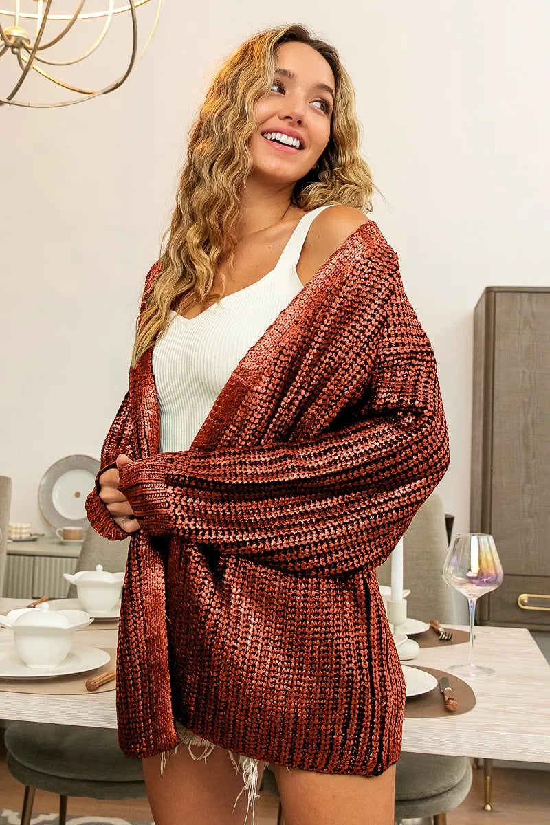 Cozy rust-colored BiBi metallic knit V-neck cardigan with textured weave