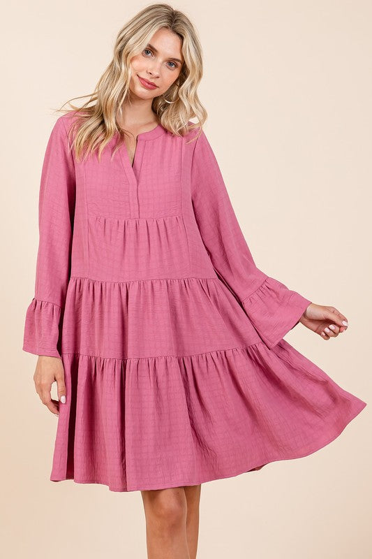 Mittoshop Tiered Notched Flare Sleeve Dress