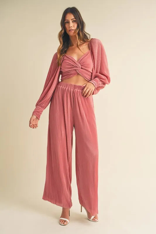 MABLE Front Twisted Long Sleeve Top and Pants Set Outfit Sets
