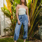 BiBi Striped Tape Details With Bot Tied Point Elastic Waist Jeans Jeans
