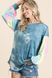 BiBi tie-dye French terry long-sleeve top with denim shorts