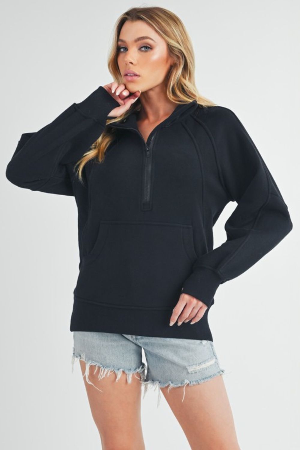 Aemi + Co Half Zip Raglan Sleeve Sweatshirt with Kangaroo Pocket Sweatshirts