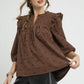 Umgee Bow Print Corduroy Puff Sleeve Blouse with Ruffled Brown Blouses