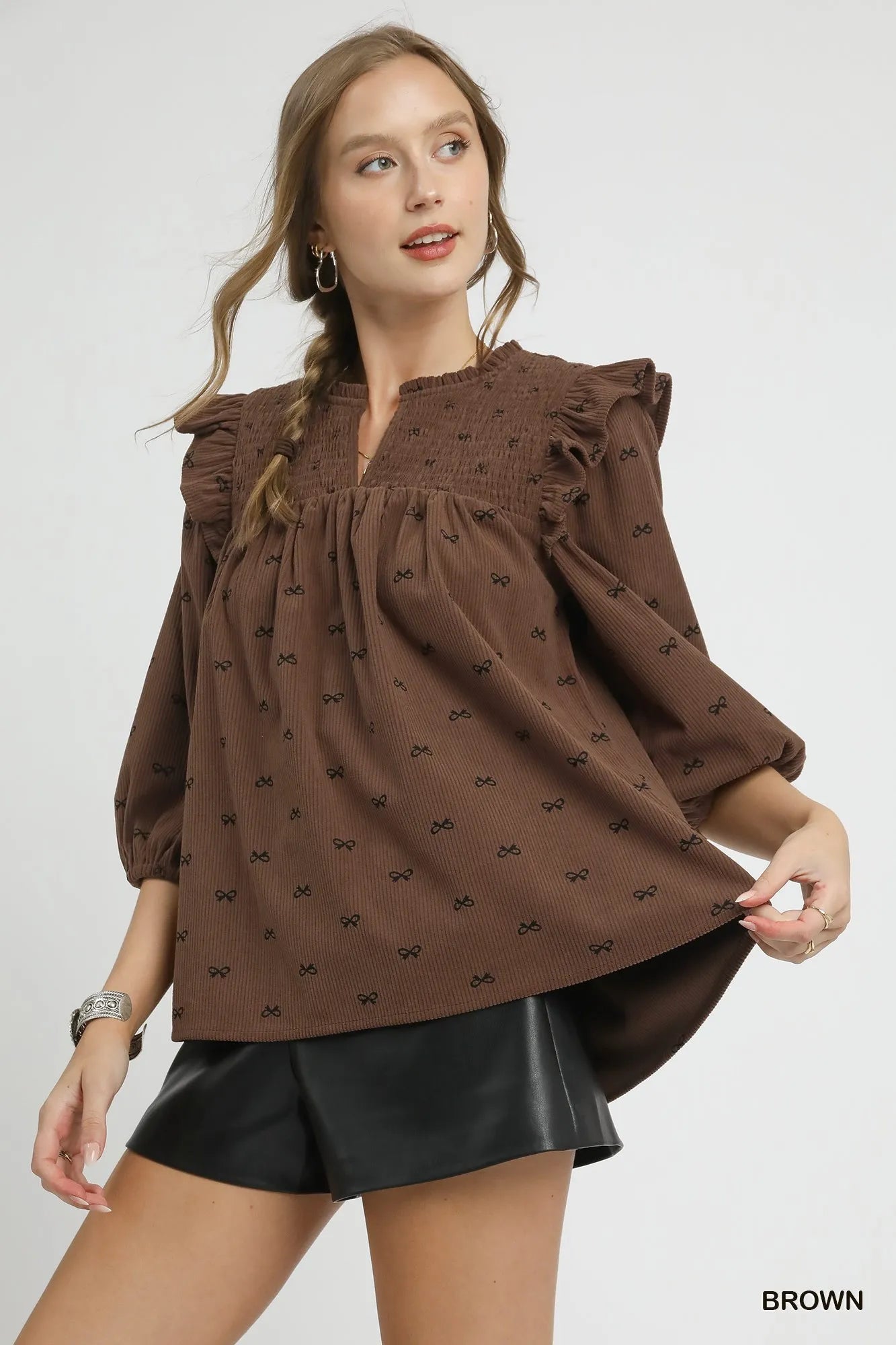 Umgee Bow Print Corduroy Puff Sleeve Blouse with Ruffled Brown Blouses